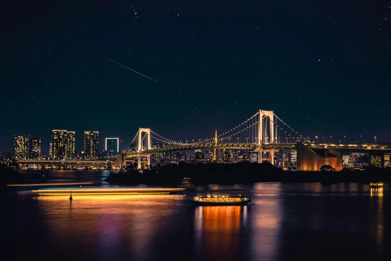 a large body of water with a bridge in the background, pexels contest winner, ukiyo-e, midnight city lights, instagram photo amazing view, ad image, super high resolution