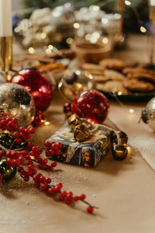 a close up of a plate of food on a table, ornaments, presents, profile image, up close