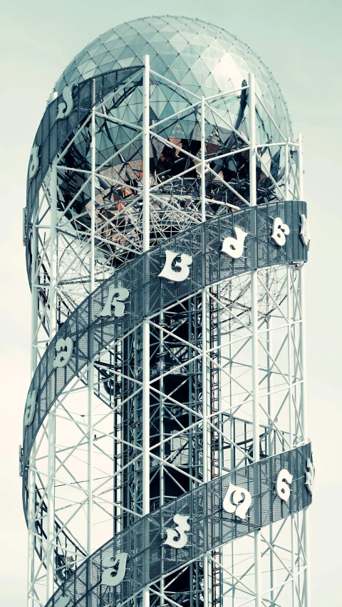 a tall tower with a clock on top of it, inspired by Elsa Bleda, dada, roller coaster, fragmented typography, lattice, grey