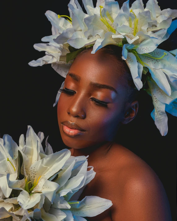 a woman with white flowers in her hair, by Lily Delissa Joseph, pexels contest winner, afrofuturism, photoshoot for skincare brand, portrait of kim petras, promo image, she has a glow coming from her