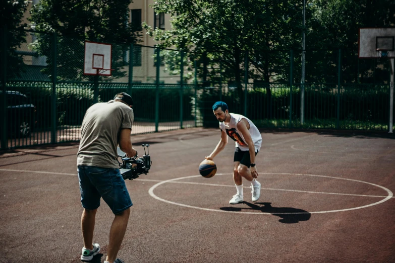 a couple of men standing on top of a basketball court, trending on dribble, meet the actor behind the scenes, daniil kudriavtsev, shot on 70mm, dribbling