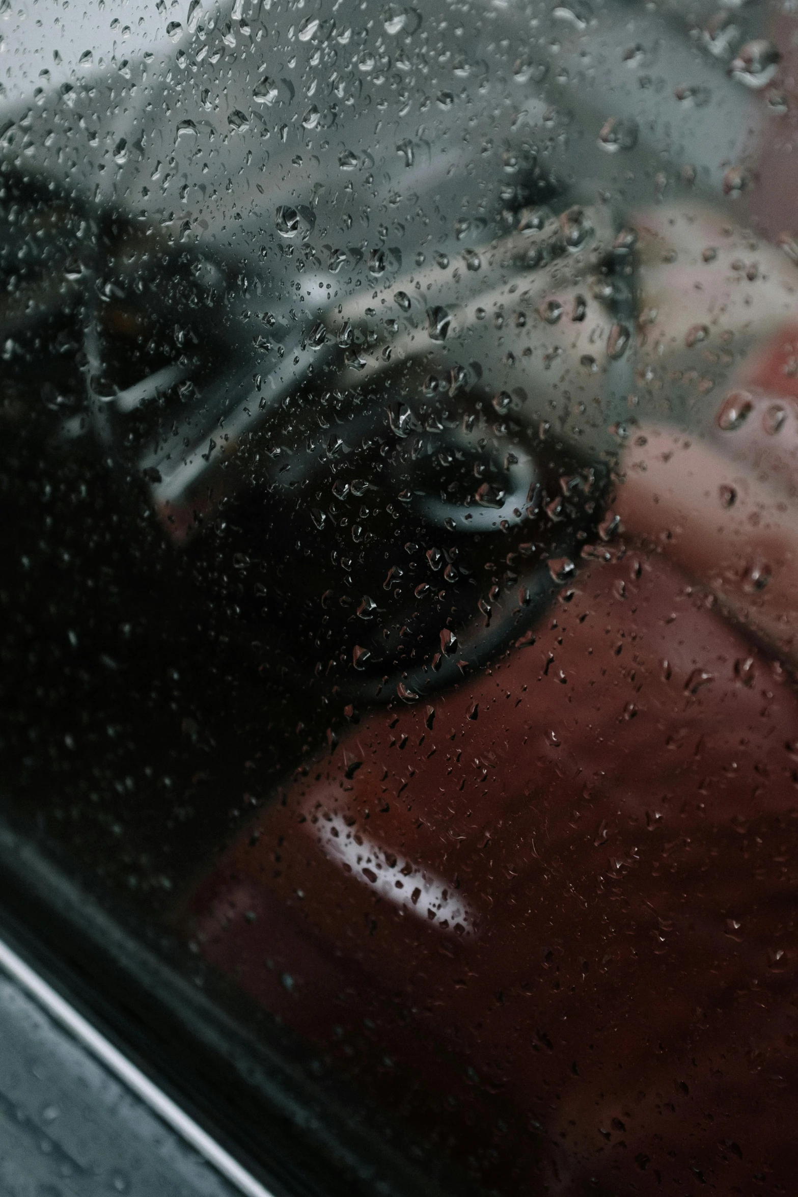 a dog sticking its head out the window of a car, inspired by Elsa Bleda, trending on unsplash, visual art, rain red color bleed, black and red reflected armor, high angle close up shot, character is covered in liquid