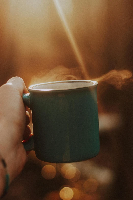 a close up of a person holding a cup of coffee, at the golden hour, copper and deep teal mood, rising steam, vanilla