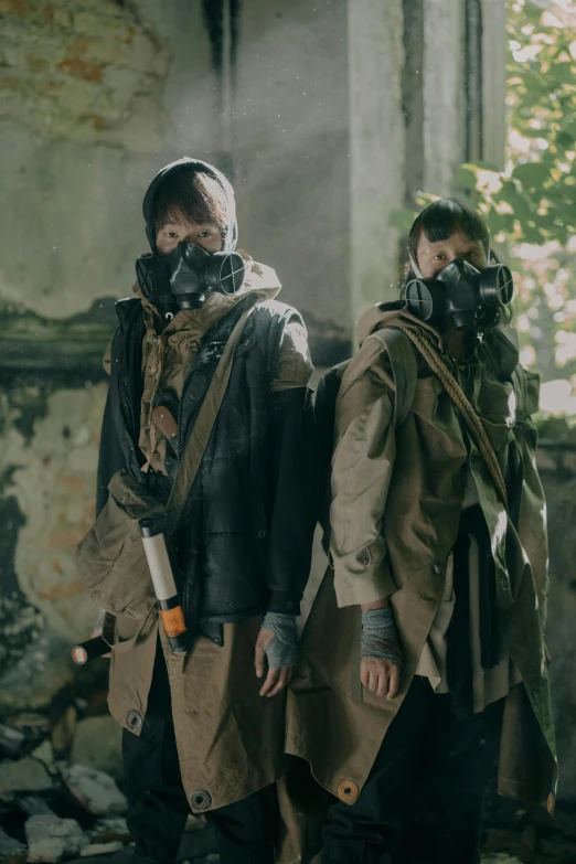 two people wearing gas masks in a ruined building, unsplash, renaissance, girls frontline style, slide show, japanese live-action movie, tactical vests and holsters