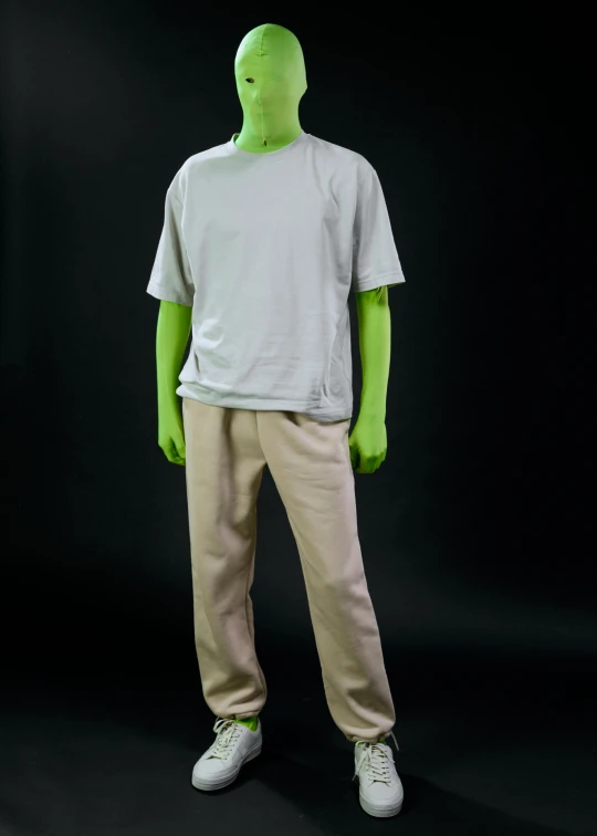 a mannequin dressed in a white t - shirt and khaki pants, by Peter Alexander Hay, shrek as neo from the matrix, taken in the early 2020s, full body cgsociety, humanoid character