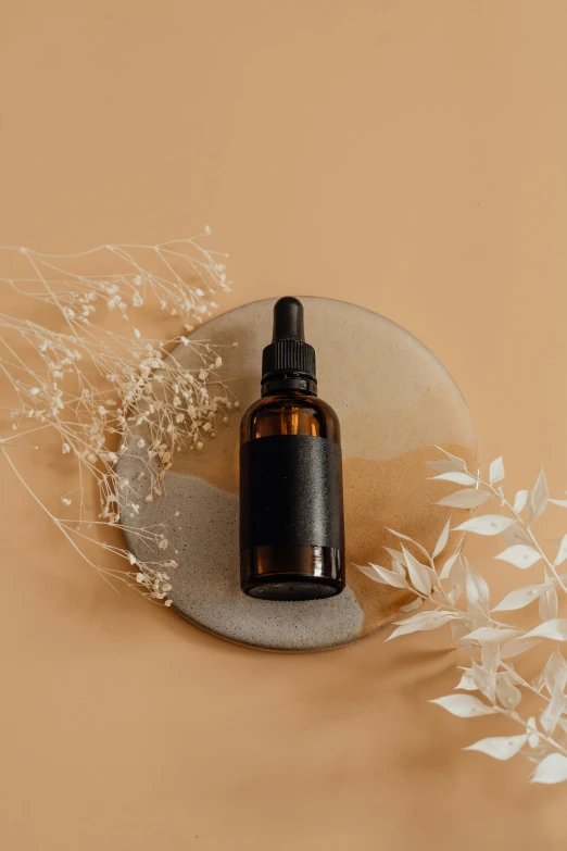 a bottle of essential oil next to some flowers, by Andries Stock, trending on pexels, aestheticism, black fine lines on warm brown, detailed product image, product view, hemp