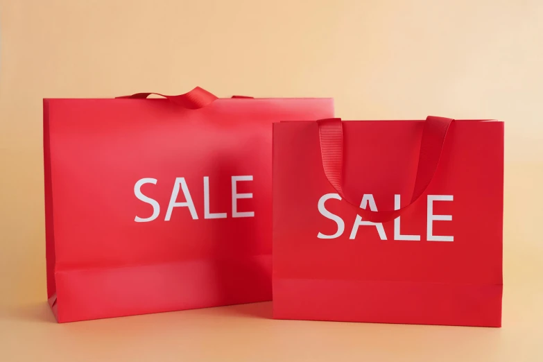two red shopping bags with sale written on them, by Julia Pishtar, square, gloss, various sizes, a large