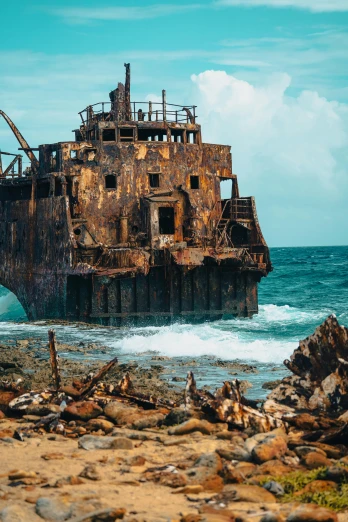 a ship sitting on top of a beach next to the ocean, rusted walls, reefs, profile pic, devastation