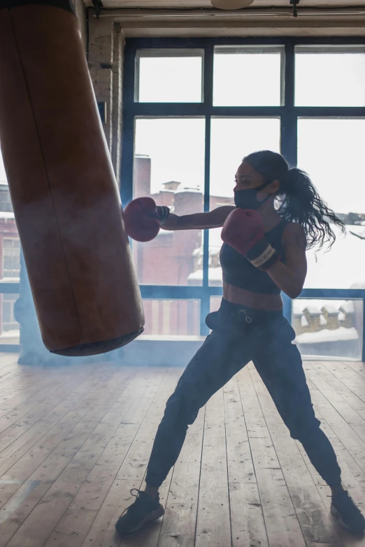 a woman hitting a punching bag in a gym, pexels contest winner, happening, natgeo, essence, joanna gaines, in an urban setting