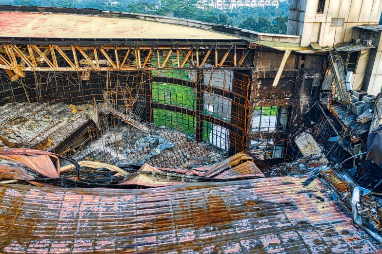 the roof of a building that has been destroyed, a portrait, flickr, sportspalast amphitheatre, ❤🔥🍄🌪, coban, bird view