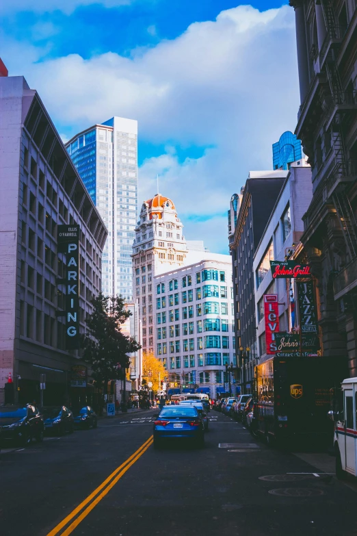 a city street filled with lots of tall buildings, a photo, unsplash contest winner, renaissance, bay area, hypersaturated, square, old buildings