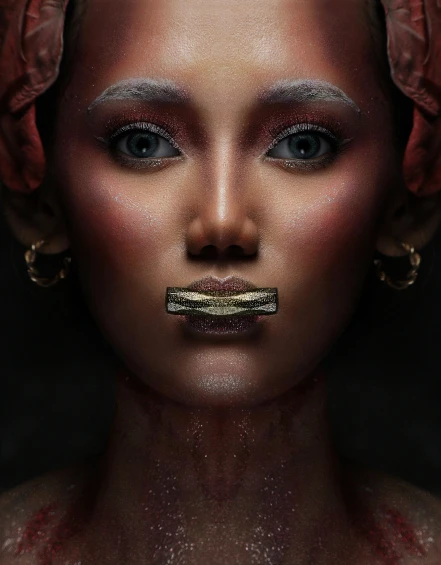 a close up of a person with makeup on, an album cover, inspired by Hedi Xandt, trending on cgsociety, afrofuturism, with brown skin, dramatic”, porcelain skin ”