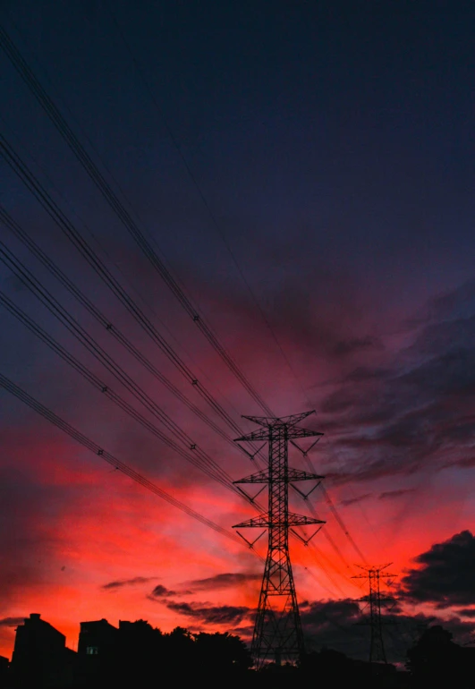 a sunset with power lines in the foreground, pexels contest winner, red and blue, stacked image, electric color, ilustration