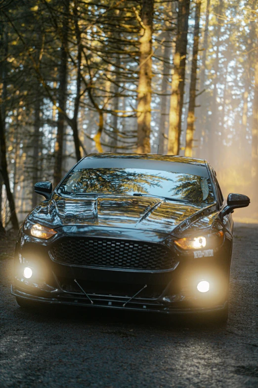 a car driving down a road in the woods, custom headlights, ford fusion, superior detail, regular build