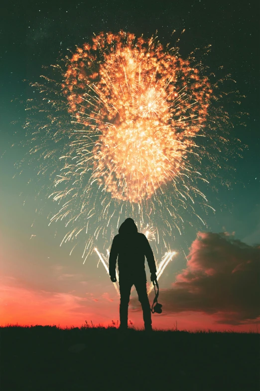 a person standing on a hill with fireworks in the sky, profile image, trending photo