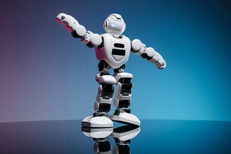 a white robot standing on top of a table, inspired by Robert Zünd, shutterstock, avatar image, argos, dancing character, algorithm