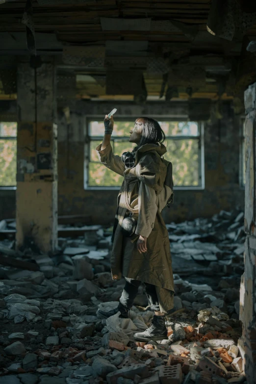 a man in a gas mask standing in a ruined building, unsplash contest winner, conceptual art, woman holding recurve bow, andrey tarkovsky, brutalist fashion show, ( ( theatrical ) )