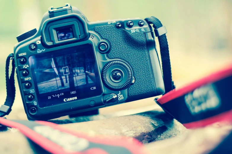 a camera sitting on top of a wooden table, a picture, canon 1 d, photograph ”, photograph”, bokeh ”