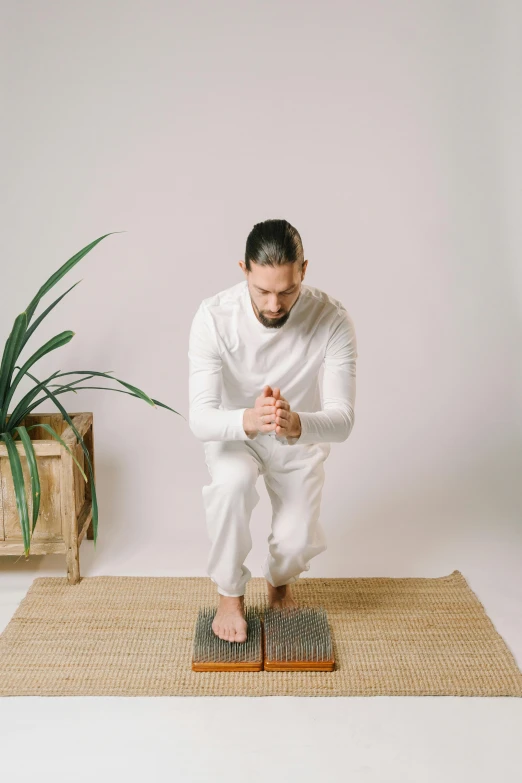 a man sitting on a mat in front of a potted plant, inspired by Ma Quan, trending on pexels, hurufiyya, praying posture, standing straight, white, caucasian