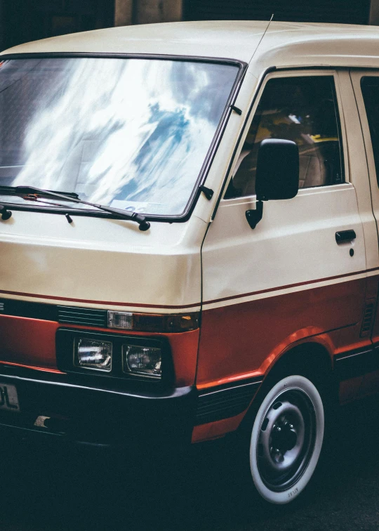 a van parked on the side of the road, pexels contest winner, renaissance, red brown and white color scheme, close up of lain iwakura, 1 9 8 9, samurai vinyl wrap