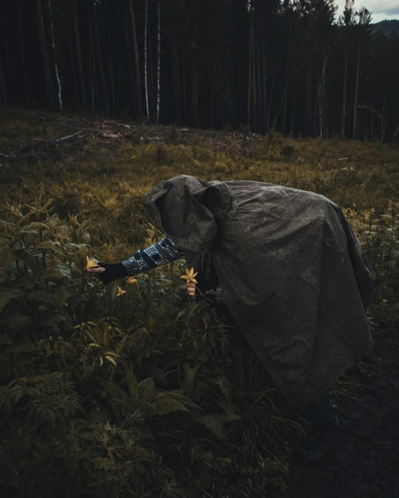 a person sitting in a field with a blanket over their head, inspired by Elsa Bleda, unsplash contest winner, environmental art, standing in a dark forest, tactical poncho latex rags, picking up a flower, alexey egorov