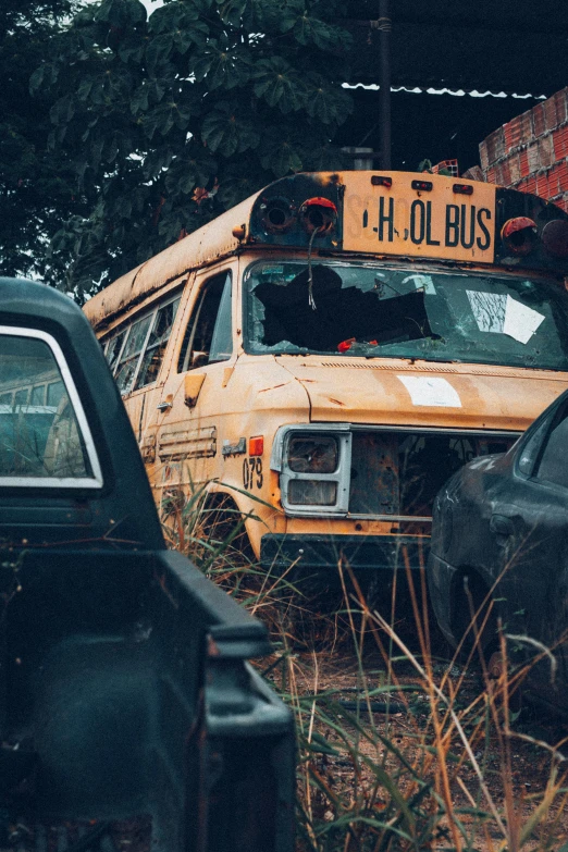 a school bus that is sitting in the grass, a photo, unsplash, happening, rusty cars!!, the creature sells a used car, gritty image, hillbilly