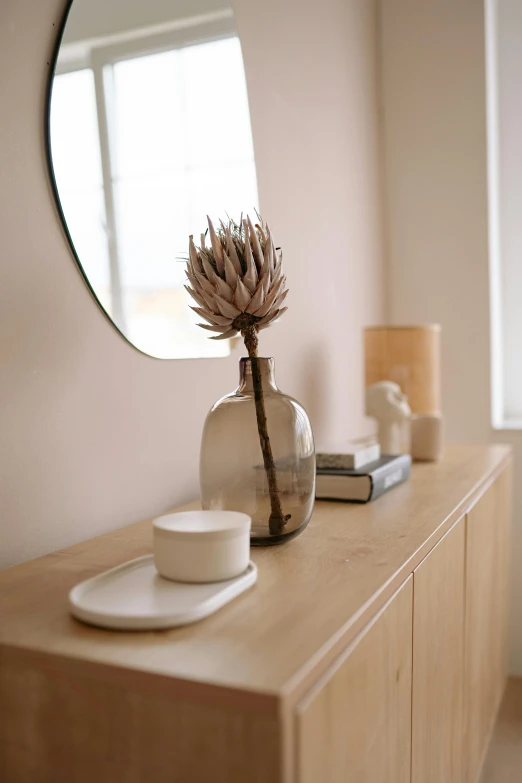 a vase sitting on top of a wooden dresser, inspired by Constantin Hansen, unsplash, round mirror on the wall, soft bloom lighting, sparse detail, jar on a shelf
