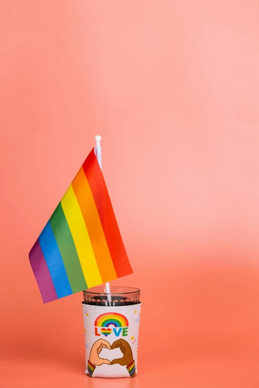 a cup with a rainbow flag sticking out of it, a picture, jar on a shelf, high-quality photo, plain background, totally radical