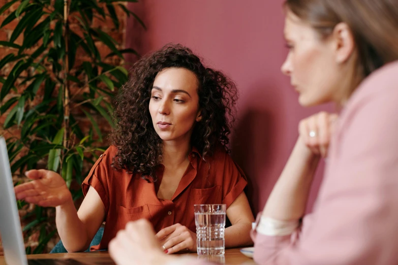 two women sitting at a table in front of a laptop, by Lee Loughridge, pexels, pouting, thirst, in meeting together, promo image