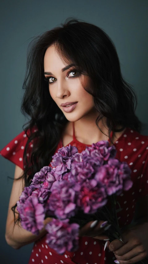 a woman in a red dress holding a bunch of flowers, an album cover, pexels, hurufiyya, arab young monica belluci, purple, headshot, 15081959 21121991 01012000 4k