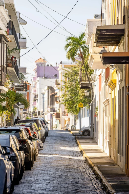 a row of parked cars on a cobblestone street, renaissance, puerto rican super hero, colorful buildings, slide show, fan favorite