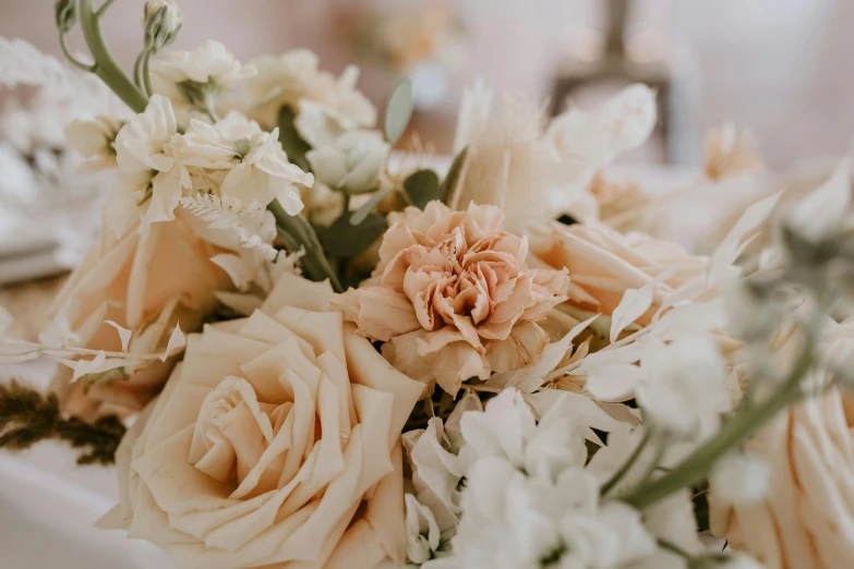 a close up of a bouquet of flowers on a table, in shades of peach, white hue, neutral colours, zoomed in