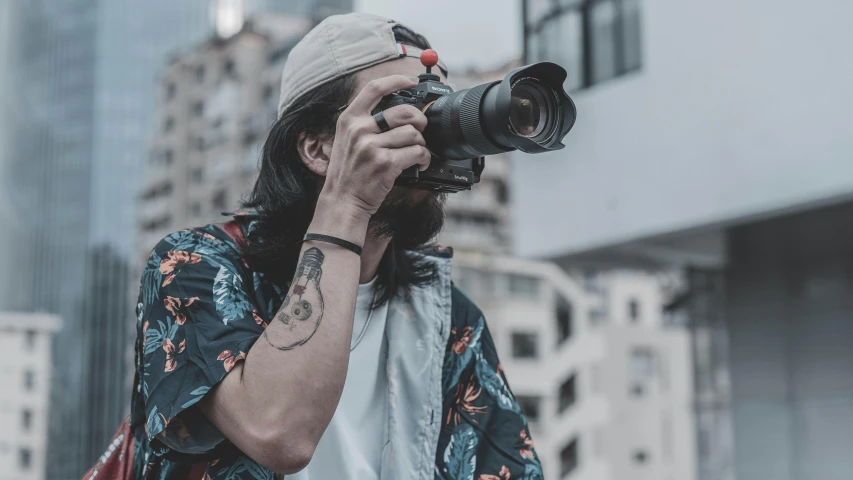 a man taking a picture with a camera, pexels contest winner, photorealism, body and headshot, style of seb mckinnon, urban city photography, telephoto vacation picture