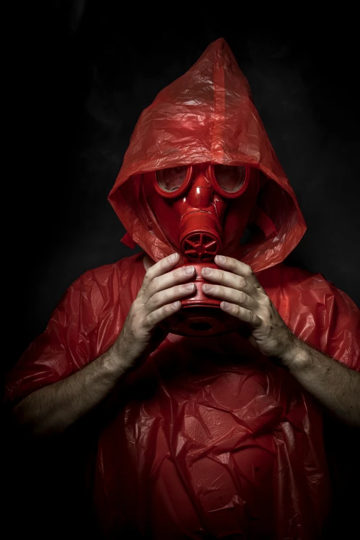 a man in a red raincoat holding a cup, an album cover, by Adam Marczyński, shutterstock, plasticien, gas masks, dangerous chemical hazards, alchemical still made from clay, red faced