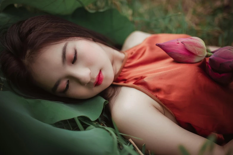 a beautiful young woman laying on top of a lush green field, inspired by Elsa Bleda, trending on pexels, renaissance, asian beautiful face, in a red dream world, lily, asleep