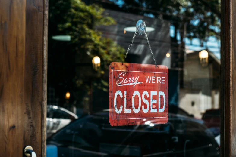 a close up of a closed sign on a door, pexels, happening, square, busy restaurant, furniture overturned, seasonal