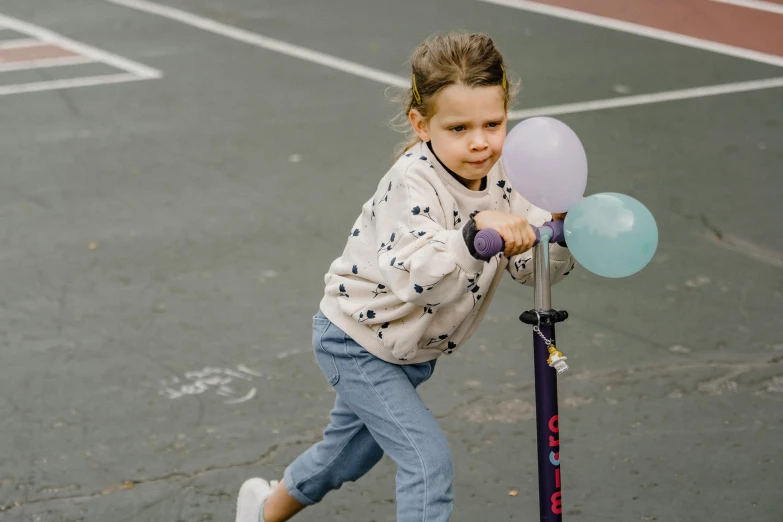 a little girl riding a scooter with balloons, by Anita Malfatti, pexels contest winner, confident stance, playground, streetwear, 15081959 21121991 01012000 4k