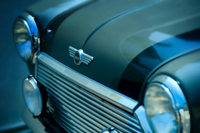a close up of the front of a classic car, by Julian Allen, pexels contest winner, mini cooper, raytracing on, avatar image, fine lines