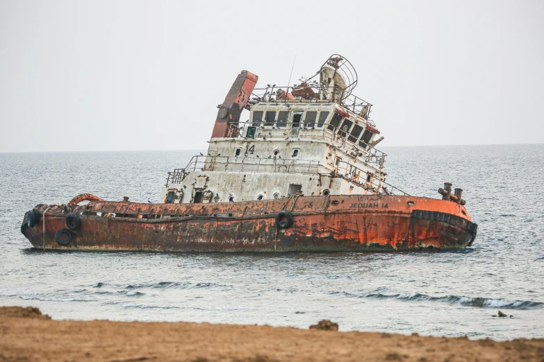 a rusted boat in the middle of the ocean, multiple stories, beaching, zenobia, thumbnail