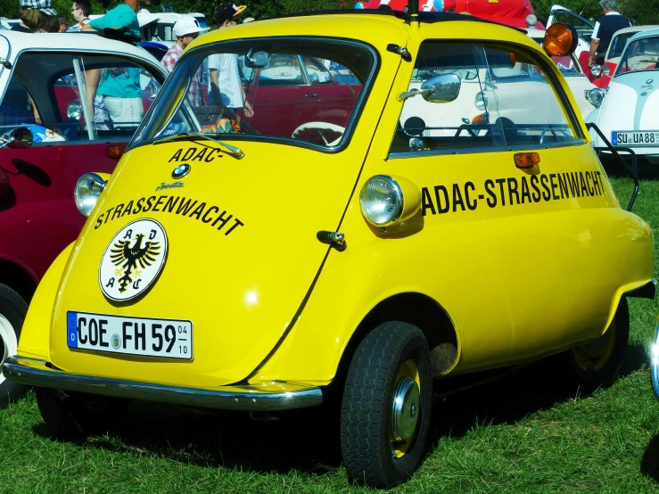 a small yellow car parked on top of a lush green field, festivals, set in ww2 germany, avatar image