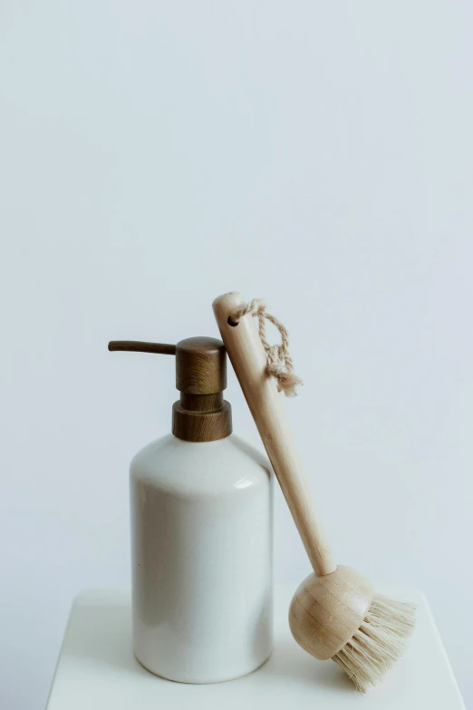 a toothbrush sitting next to a bottle of toothpaste, unsplash, conceptual art, wooden bowl, levers, white, dwell