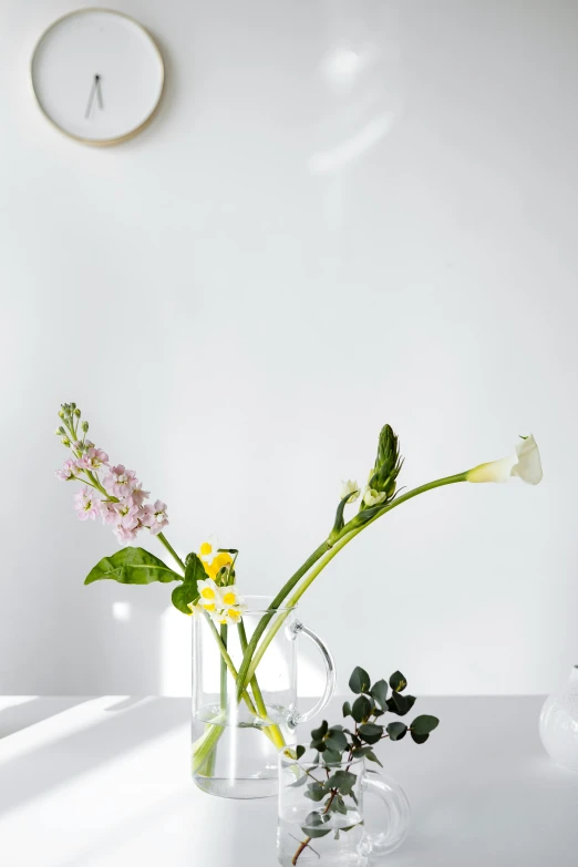 a white table topped with vases filled with flowers, inspired by Aimé Barraud, trending on unsplash, light and space, clear background, side profile view, a long-shot from front, ikebana