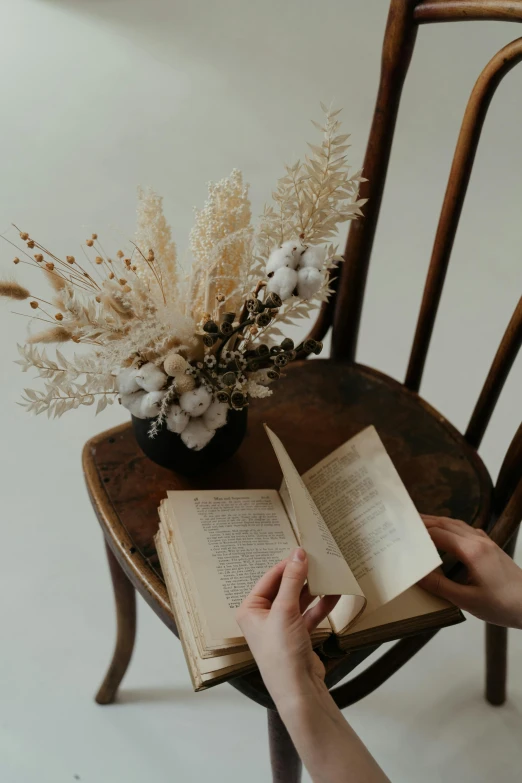 a person sitting in a chair reading a book, a still life, pexels contest winner, romanticism, made of dried flowers, brown and white color scheme, sydney hanson, dusty library