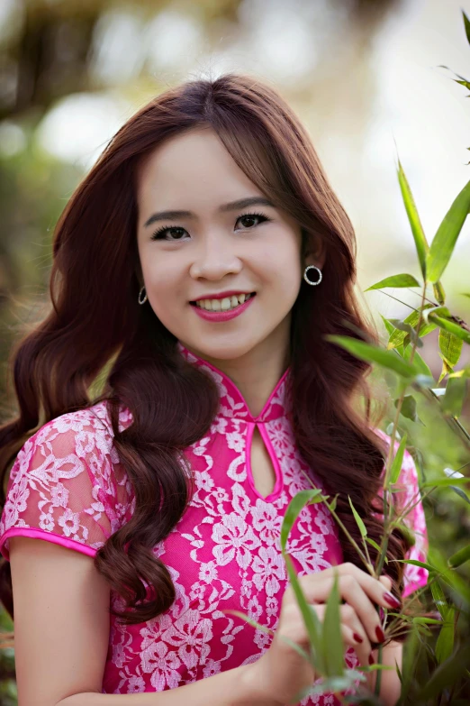 a woman in a pink dress posing for a picture, a picture, inspired by Ruth Jên, vietnamese woman, headshot profile picture, square, 20yo