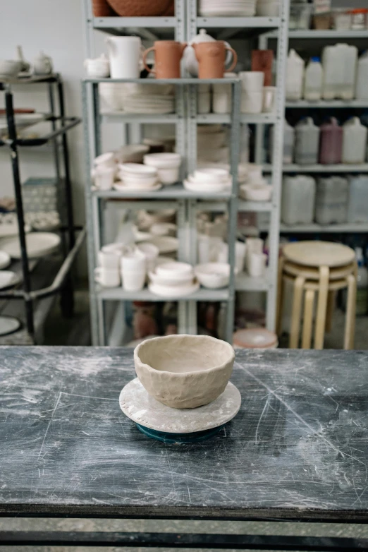 a close up of a cup and saucer on a table, process art, small manufacture, inside a grand studio, bowl, looking towards the camera