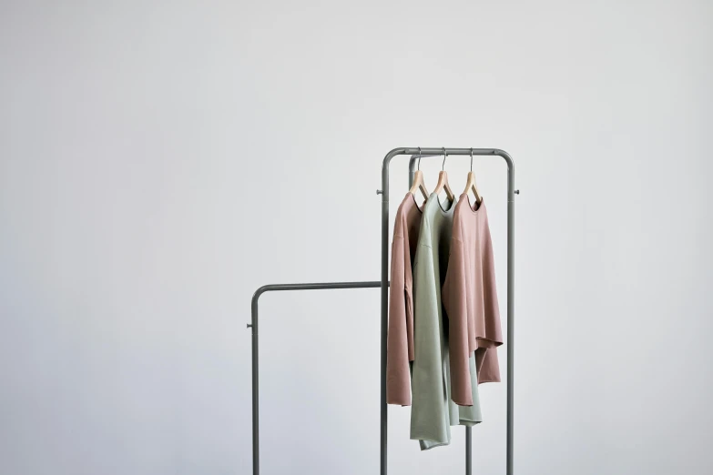 clothes hanging on a clothes rack in front of a white wall, inspired by Caro Niederer, minimalism, draped in pink and green robes, on a gray background, outlive streetwear collection, olive green and venetian red