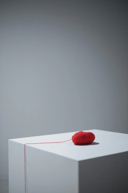 a red ball of yarn sitting on top of a white table, inspired by Matteo Pérez, postminimalism, connected to heart machines, ( ( photograph ) ), ( conceptual art ), high-resolution
