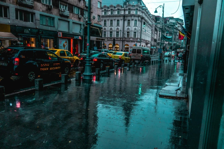 a city street filled with lots of traffic next to tall buildings, a photo, pexels contest winner, renaissance, rain water reflections in ground, greek romanian, thumbnail, square