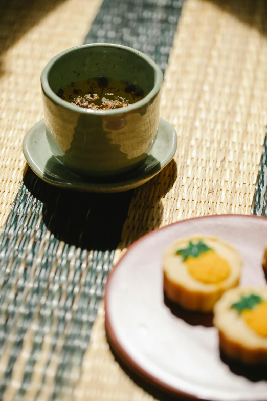 a plate of food and a cup of coffee on a table, inspired by Miyagawa Chōshun, unsplash, mingei, low detail, promo image, desserts, thumbnail