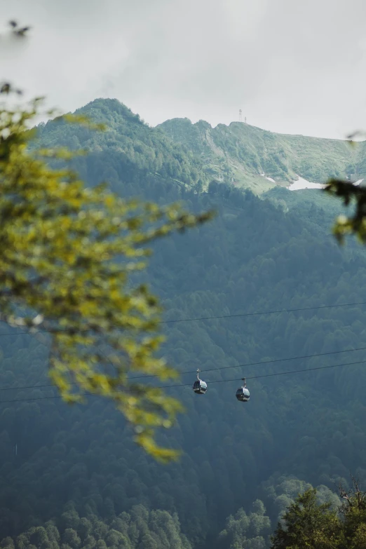 a couple of helicopters flying over a lush green forest, a picture, by Tobias Stimmer, unsplash, gondola, chamonix, no cropping, [ cinematic